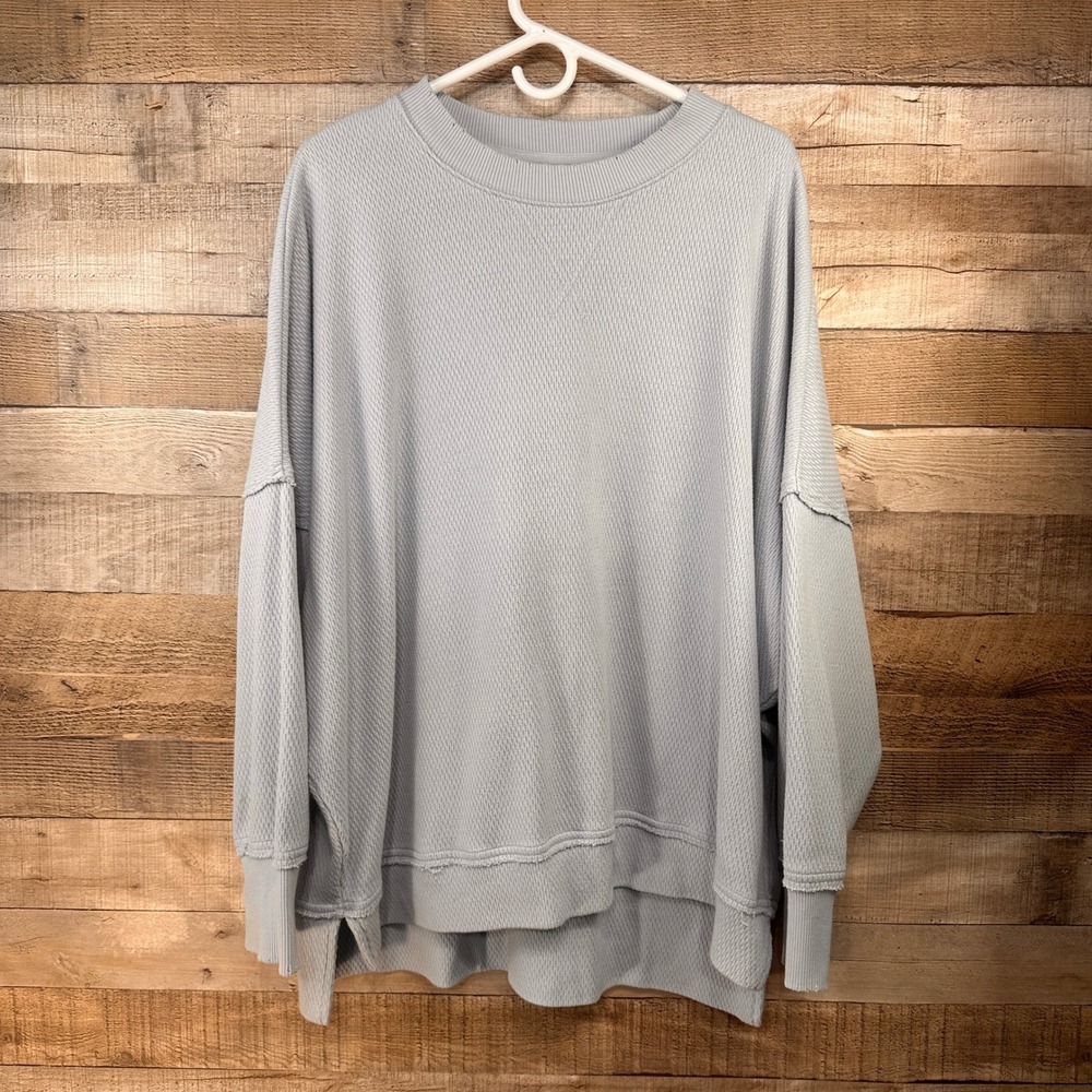 Aerie Womens Waffle Knit Oversized Sweatshirt Light Blue Raw Edge Pullover L